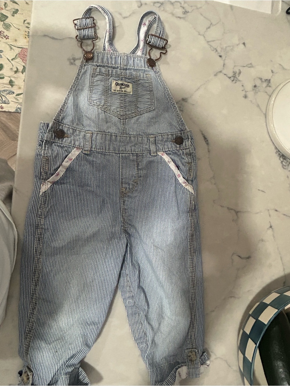 OshKosh B'gosh Blue Pinstripe Kids Overalls with Floral Trim